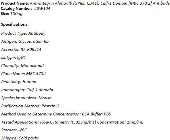 kerafast品牌EBW104貨號抗體Anti‐Integrin Alpha‐IIb (GPIIb, CD41)產(chǎn)品說明書