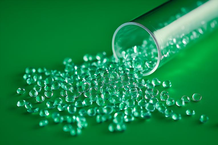 簡約風(fēng)格透明玻璃管裝滿珠子綠色背景商業(yè)照片（商業(yè)使用）