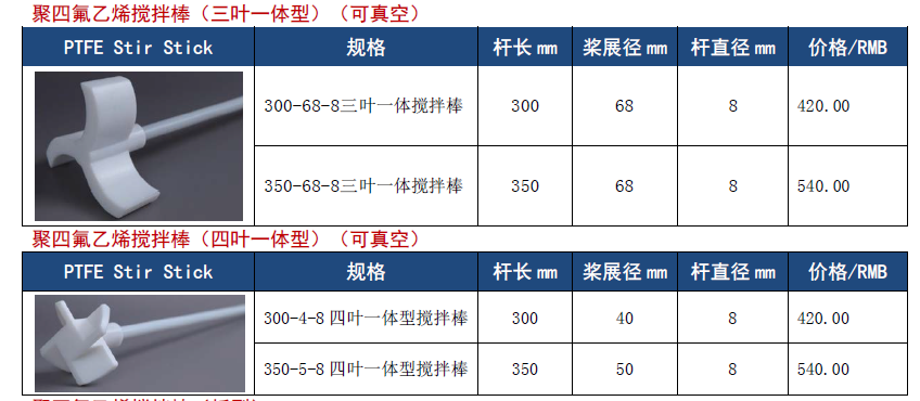 可真空三葉/四葉一體PTFE攪拌棒